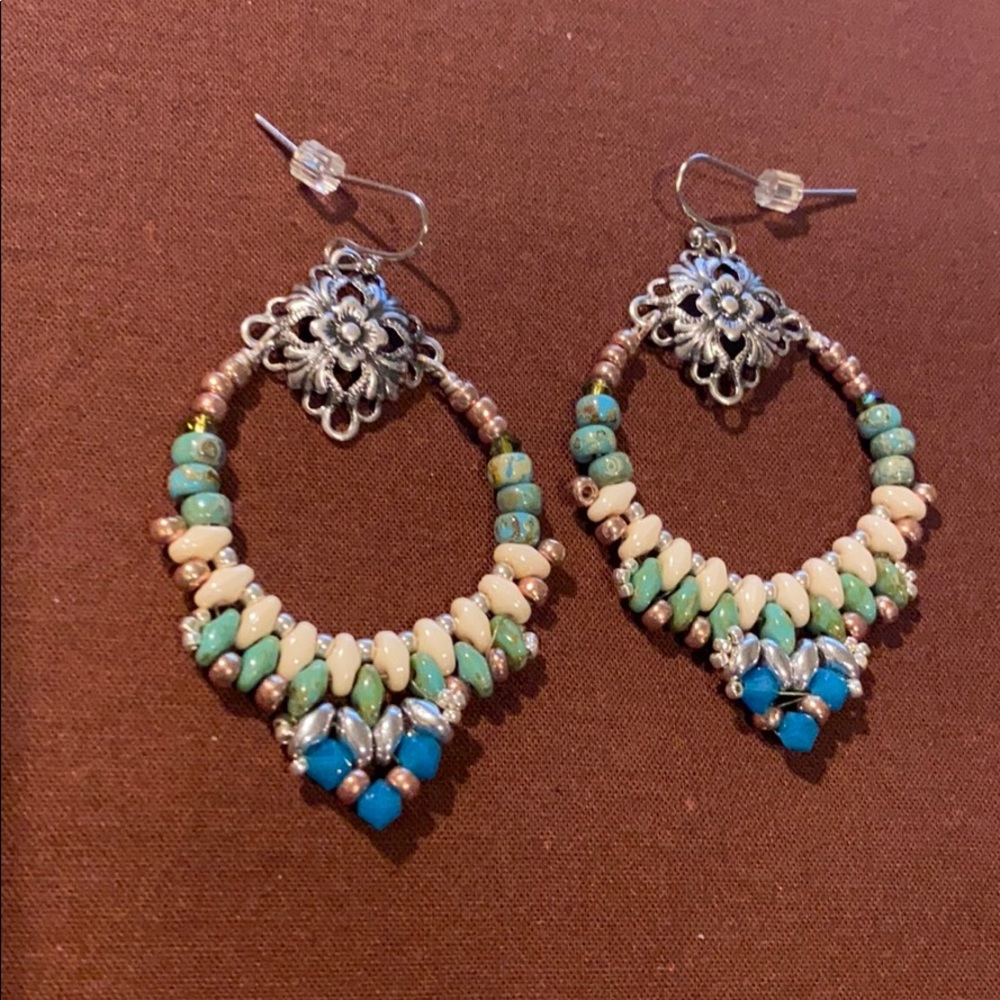 Handmade Beaded Swarovski Hoop Floral Earrings